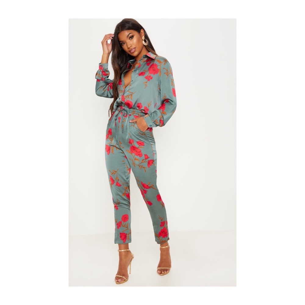 2-piece Green Floral Oversized Shirt/Cigarette Pants